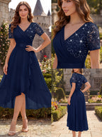 Women'S Elegant V-Neck Lace Chiffon Ruffled Trim Slit Wedding Party Long Dress - Navy Color