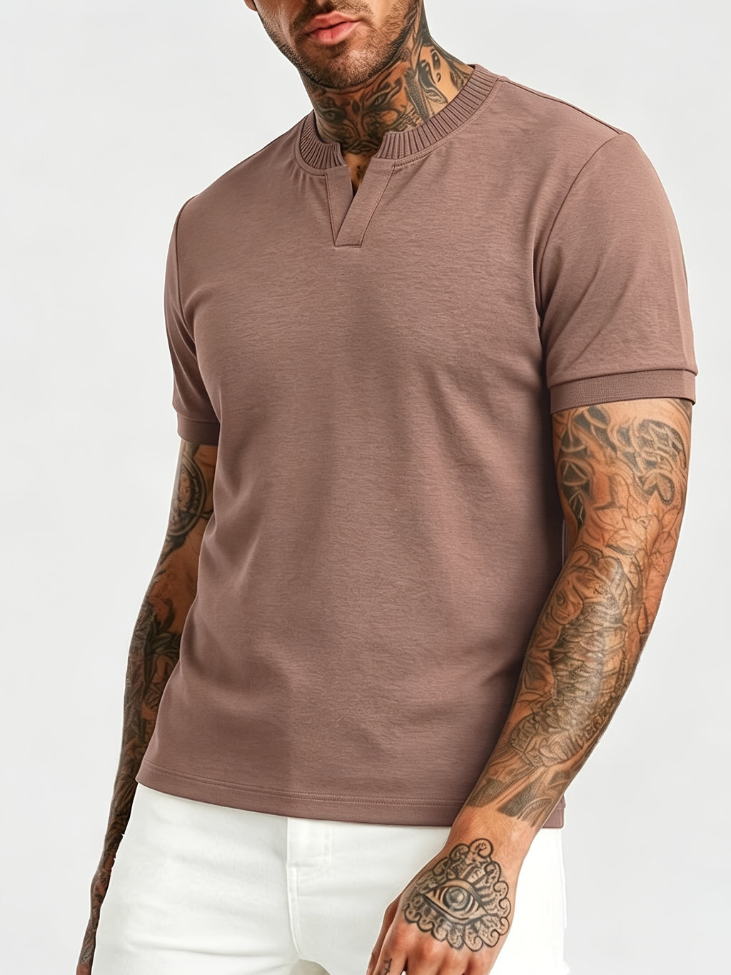 [Pearson OBM] Summer Cool Short Open V-Neck Men'S Henley Shirt, Stretchy Comfortable Solid Base Layer, Breathable And Flat Fit, Practical Men'S Birthday Gift Holiday Item, All-Scene Wear for Fitness, Hiking, Home, And Vacation - Coffee Brown