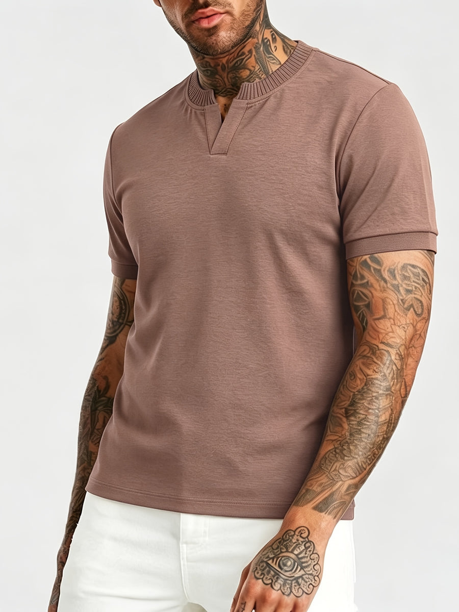 [Pearson OBM] Summer Cool Short Open V-Neck Men'S Henley Shirt, Stretchy Comfortable Solid Base Layer, Breathable And Flat Fit, Practical Men'S Birthday Gift Holiday Item, All-Scene Wear for Fitness, Hiking, Home, And Vacation - Coffee Brown