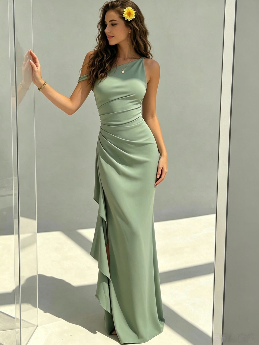 Women's Elegant Off-Shoulder Bridesmaid Dress with Twist Knot Strapless High Slit & Ruffled Wrap - Machine Washable Wedding Party Dress Suitable for Prom, Valentine's Day, Special Occasions, Long Evening Gown - Matcha Color