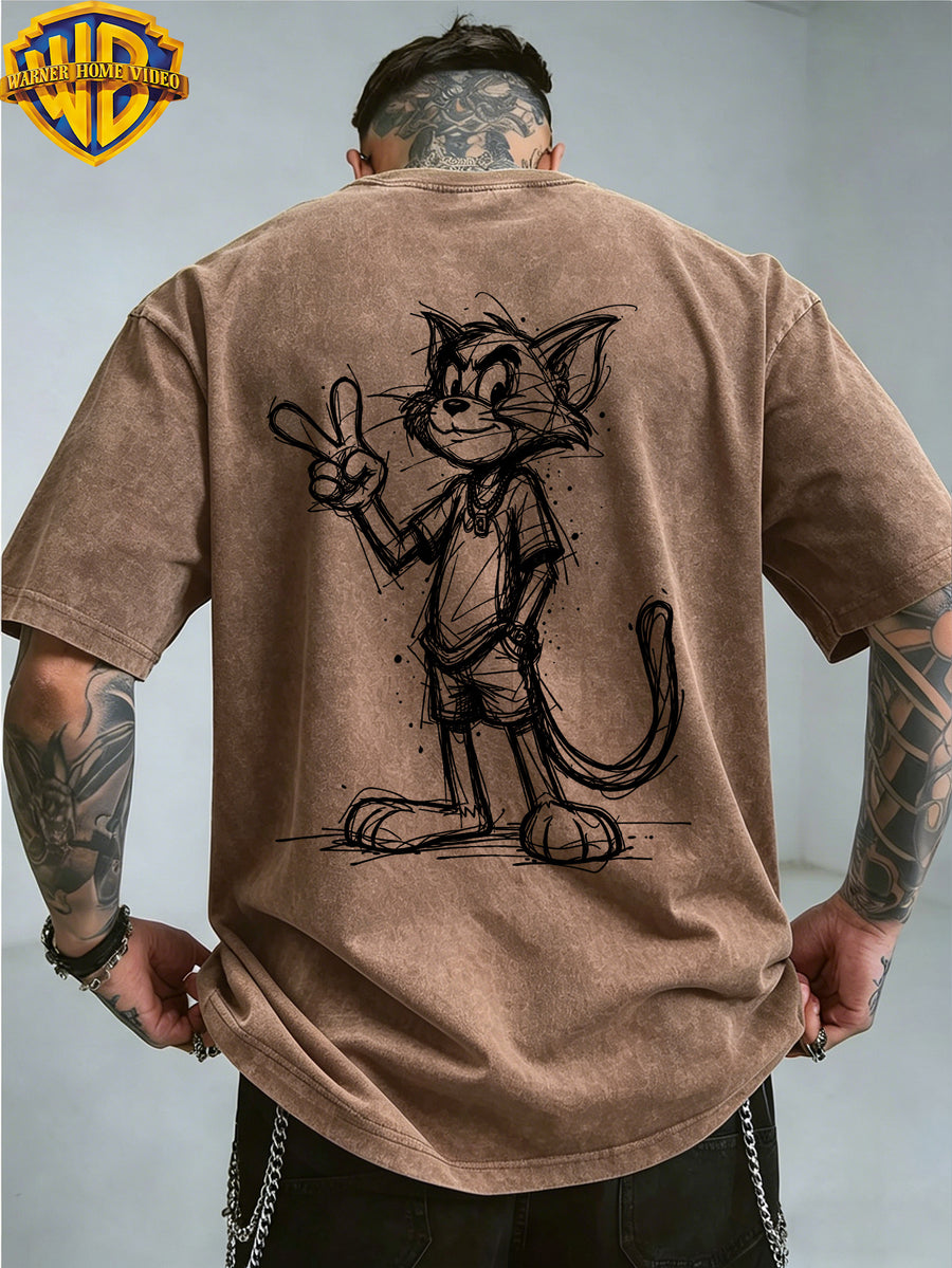 Warner Bros. Official License, Classic Cartoon Character Trendy V-Sign Hand-Drawn Line Print, American Retro Washed Distressed T-Shirt, Unisex, Machine Washable, Suitable for Daily Commute And Outdoor Wear - Coffee Color