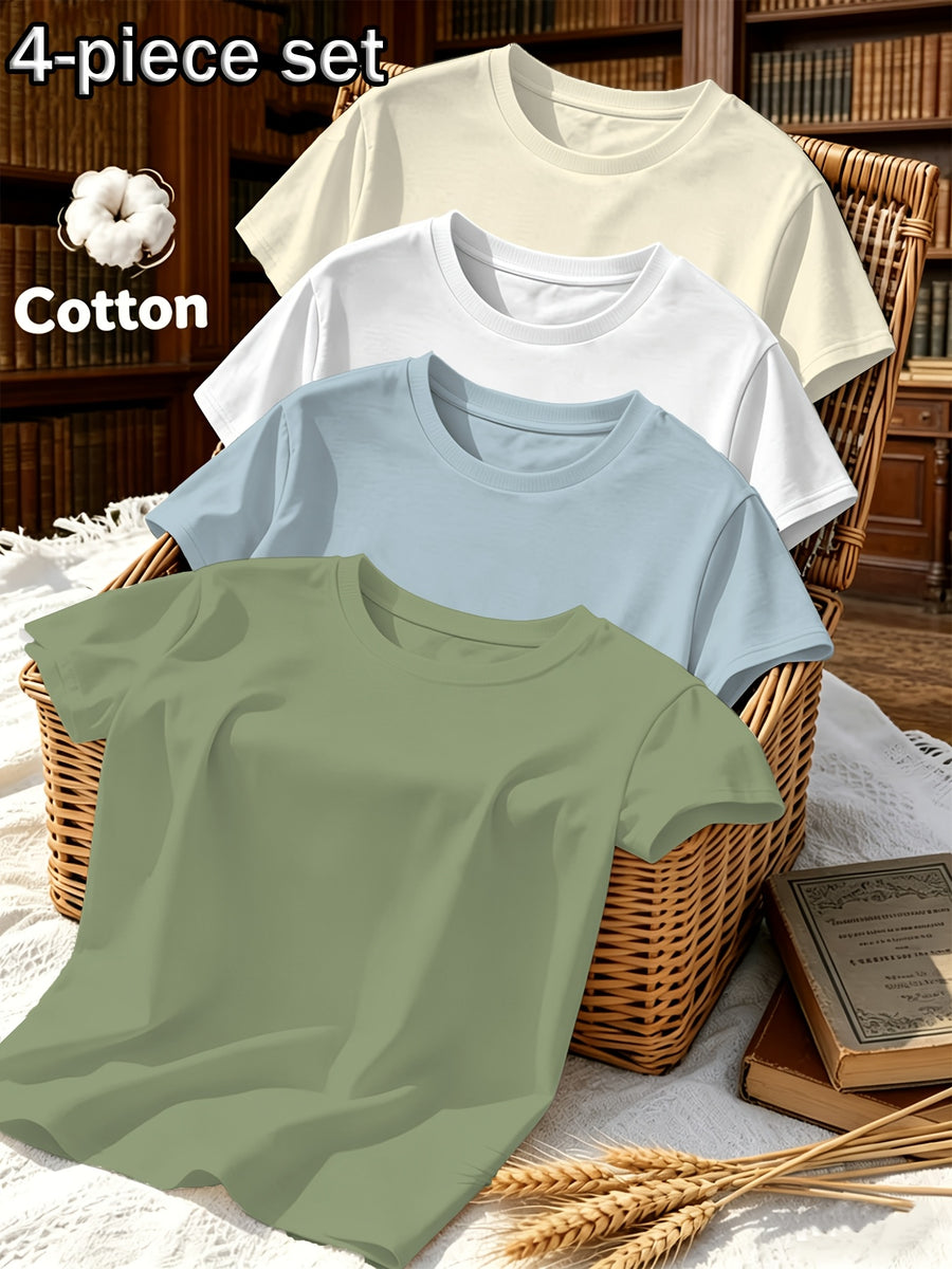 4pcs Set, Spring/Summer 4pcs Set, Solid Color Crew Neck Fashionable Simple Sweet Loose Short Sleeve T-Shirt, Summer/Spring Women's 4pcs Top Set - Army Green + Light Blue + White + Light Apricot Beige