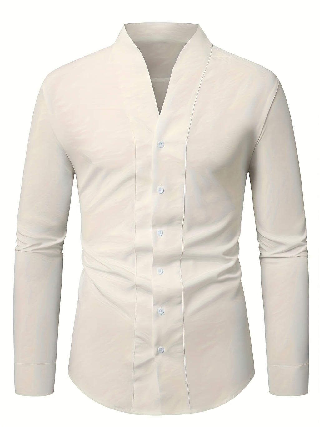 Men'S Solid Color V-Neck Shirt Casual Business Formal Shirt Slim Fit Long-Sleeved Social Party Shirt, Soft And Skin-Friendly Fabric, Suitable for Wearing in All 4 Seasons, Autumn, Stretchy, Office, Button - Off-white