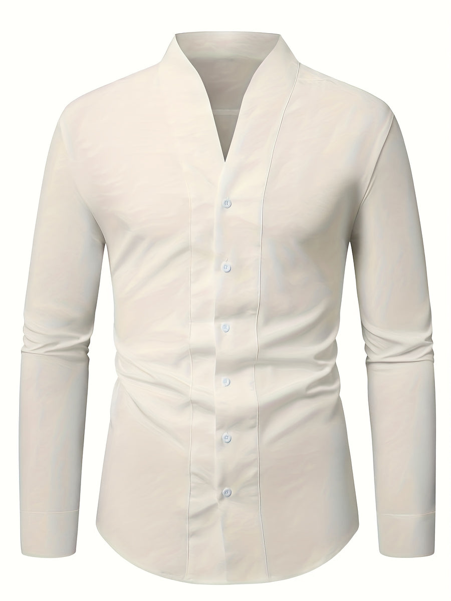 Men'S Solid Color V-Neck Shirt Casual Business Formal Shirt Slim Fit Long-Sleeved Social Party Shirt, Soft And Skin-Friendly Fabric, Suitable for Wearing in All 4 Seasons, Autumn, Stretchy, Office, Button - Off-white