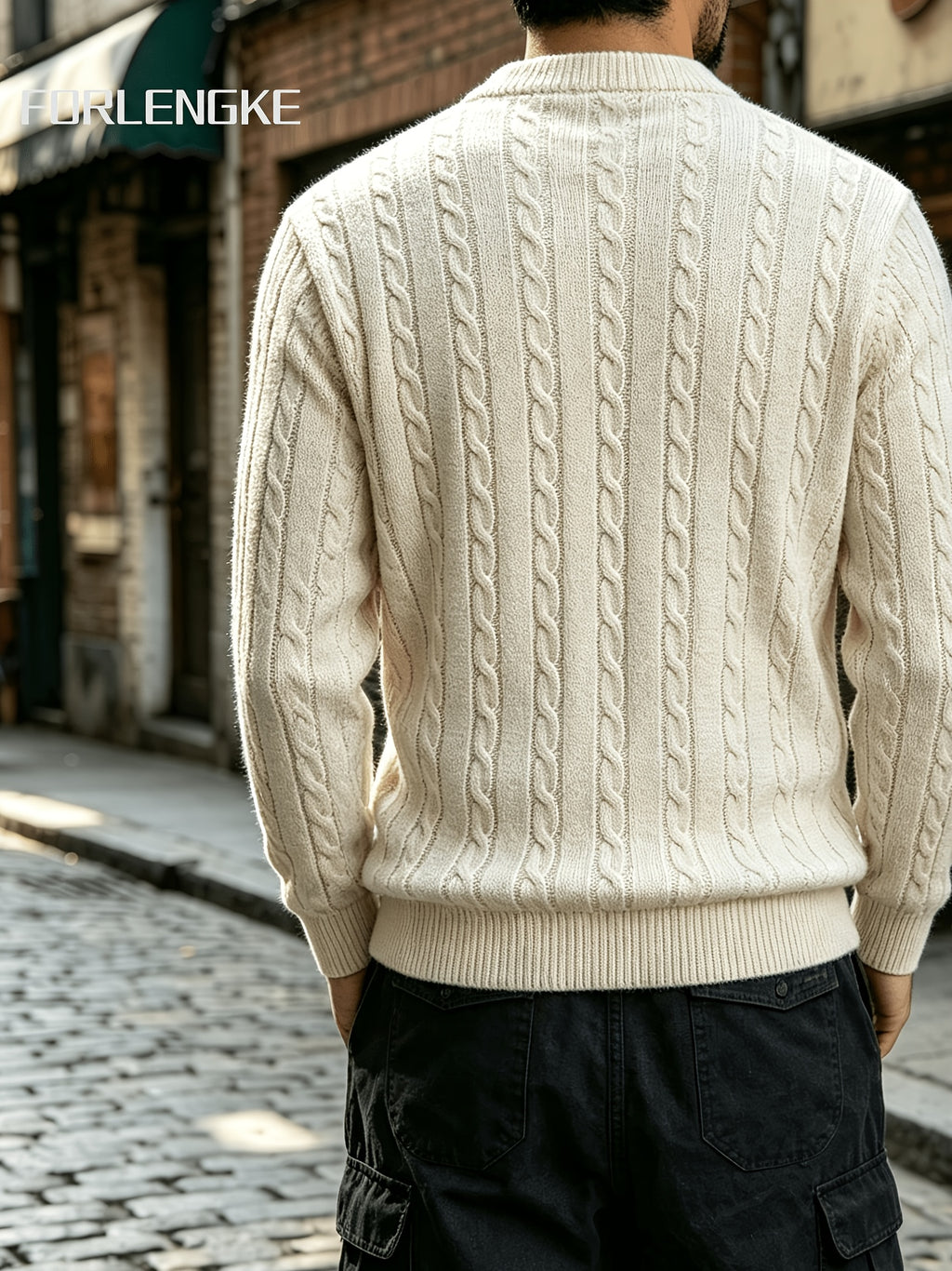 FORLENGKE Autumn Winter Men'S Henley Collar Half-Button Cable Knit Top Vintage Street Style 3D Twist Knit Long Sleeve Sweater Loose Slimming Casual Versatile Inner Wear Outer Wear Pullover Shirt - Beige Apricot