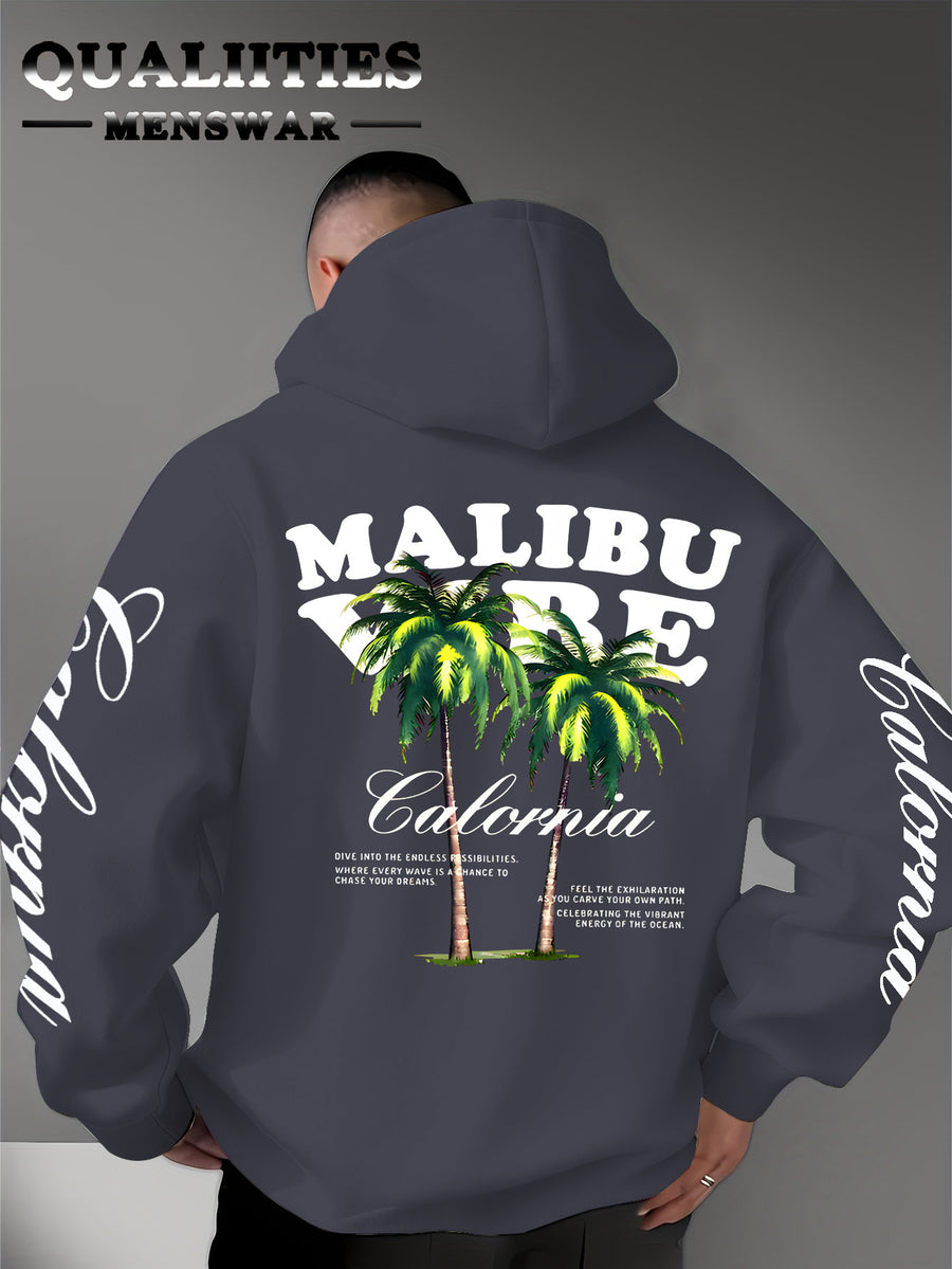 Men'S Casual Stylish Quality Hoodie Featuring The MALIBU VIBE Design with Two Palm Trees, Embodying The American California Beach Vibe Filled with Sunshine, Freedom, Knit - Dark Gray