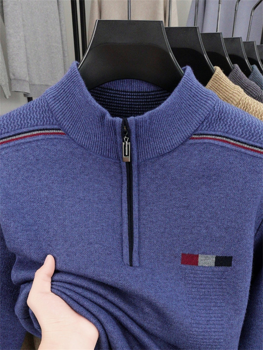 ZBZP Autumn Winter Knit 3D Solid Half-Zip Stand Collar Sweater, Basic Knit Pullover Top for Men, Fashionable Long Sleeve Sweater ZM - Blue