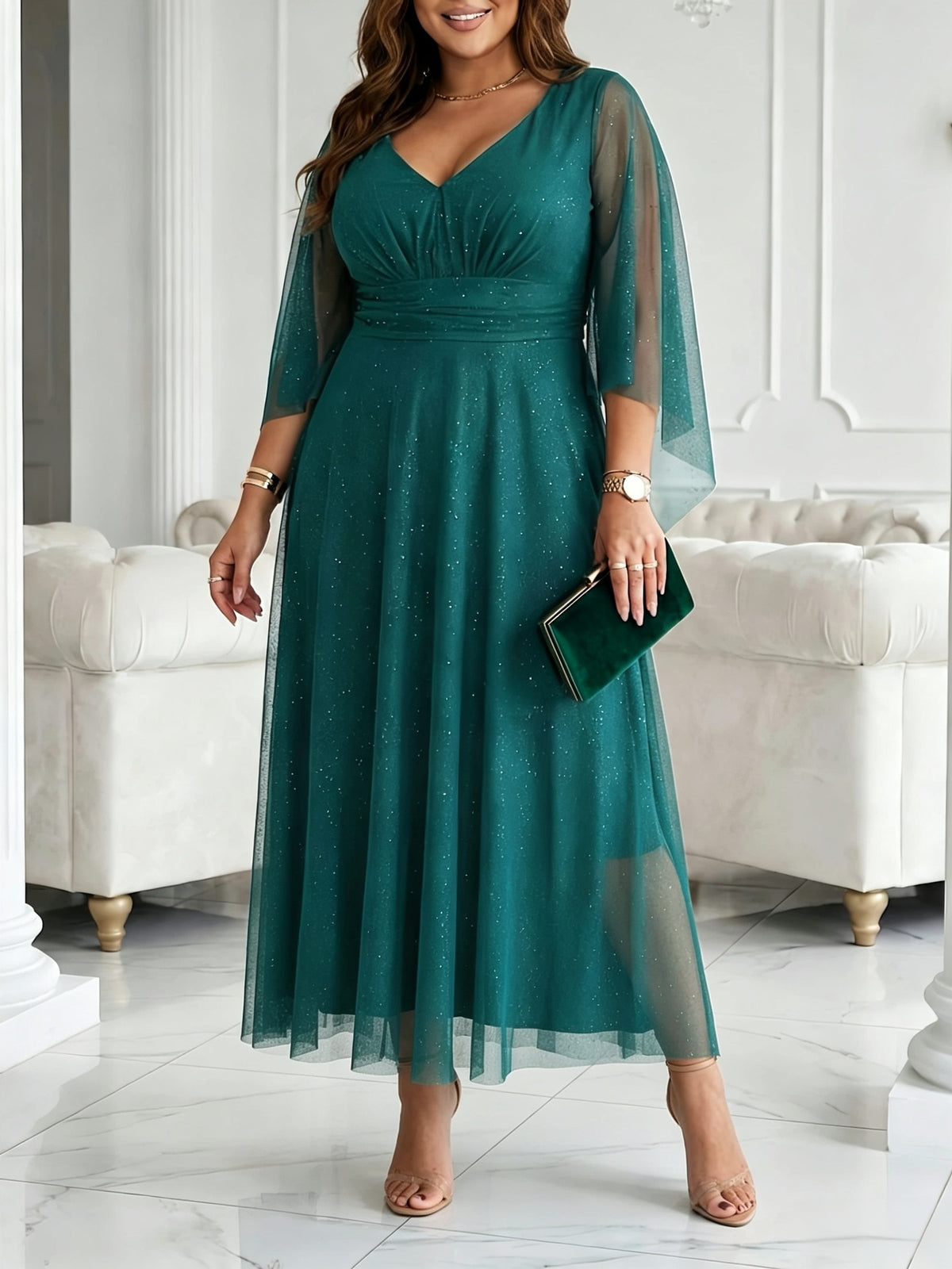 2026 New Light Luxury Shimmering Mesh Long Dress, Women'S V-Neck Waist-Cinching Slimming Flared Skirt, Wedding Bridesmaid Evening Party Gathering Elegant Dress - Malachite Green
