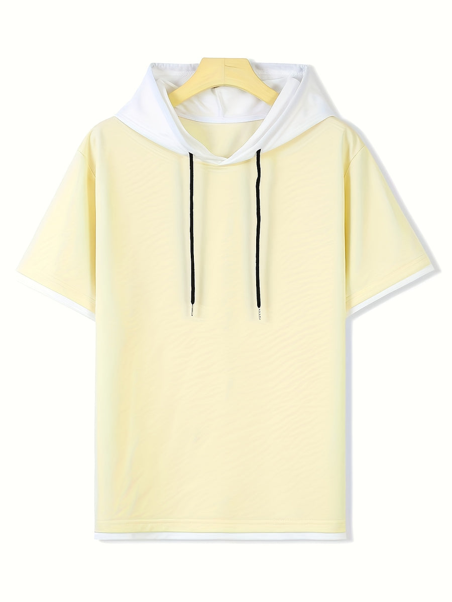 Spring Summer New Casual Versatile Patchwork Hooded Sweatshirt Short Sleeve Top - Apricot with white accents