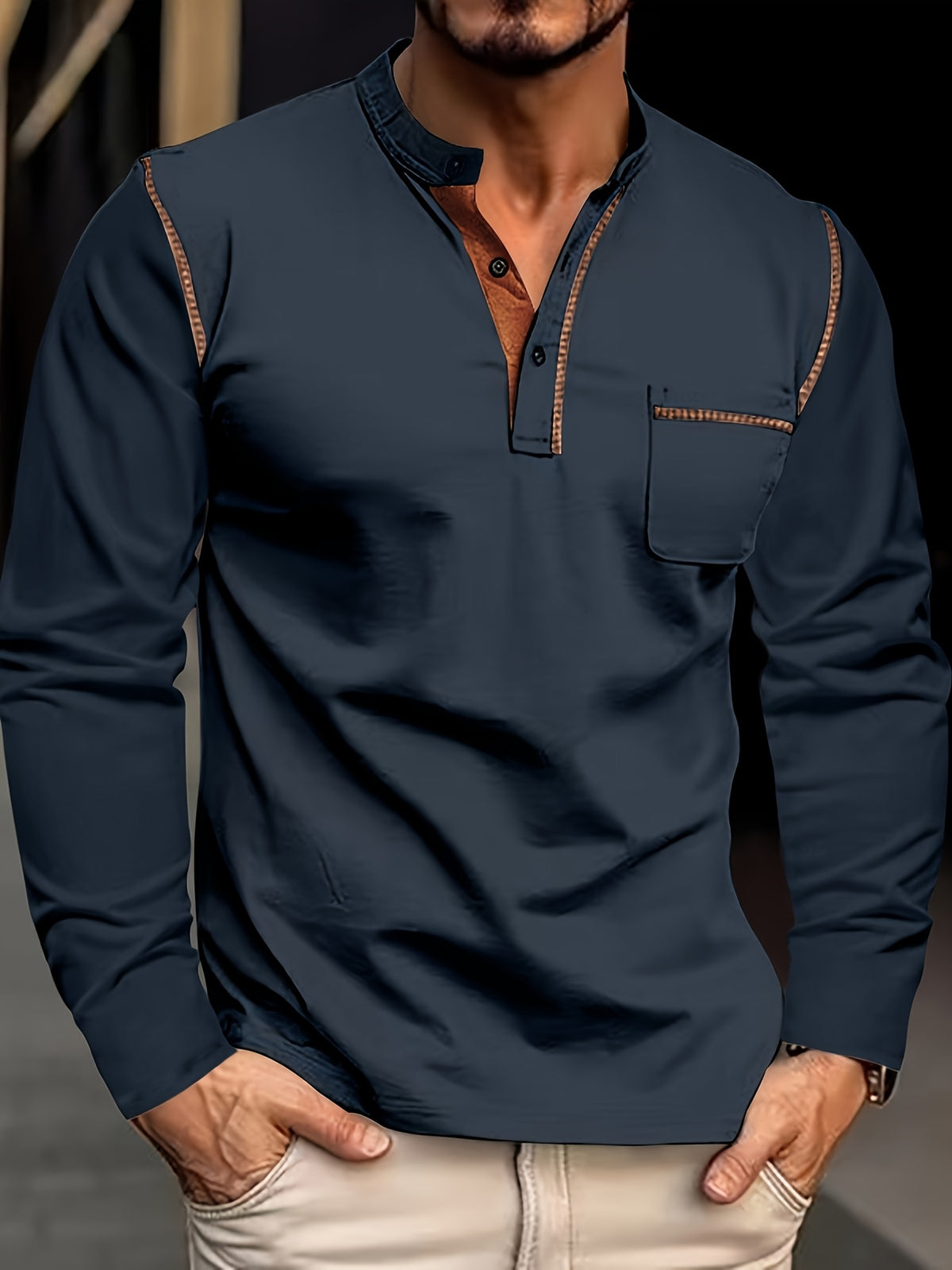 [JOSHIMAI OBM] 4pcs Men'S Long Sleeve Henley Shirts, Soft Comfortable Skin-Friendly Fabric, Lightweight Breathable Easy Care Stand Collar 3-Button Placket with Chest Pocket Detail, Solid Color Casual Top, Versatile for Office Commute - Navy blue + army green + white + burgundy