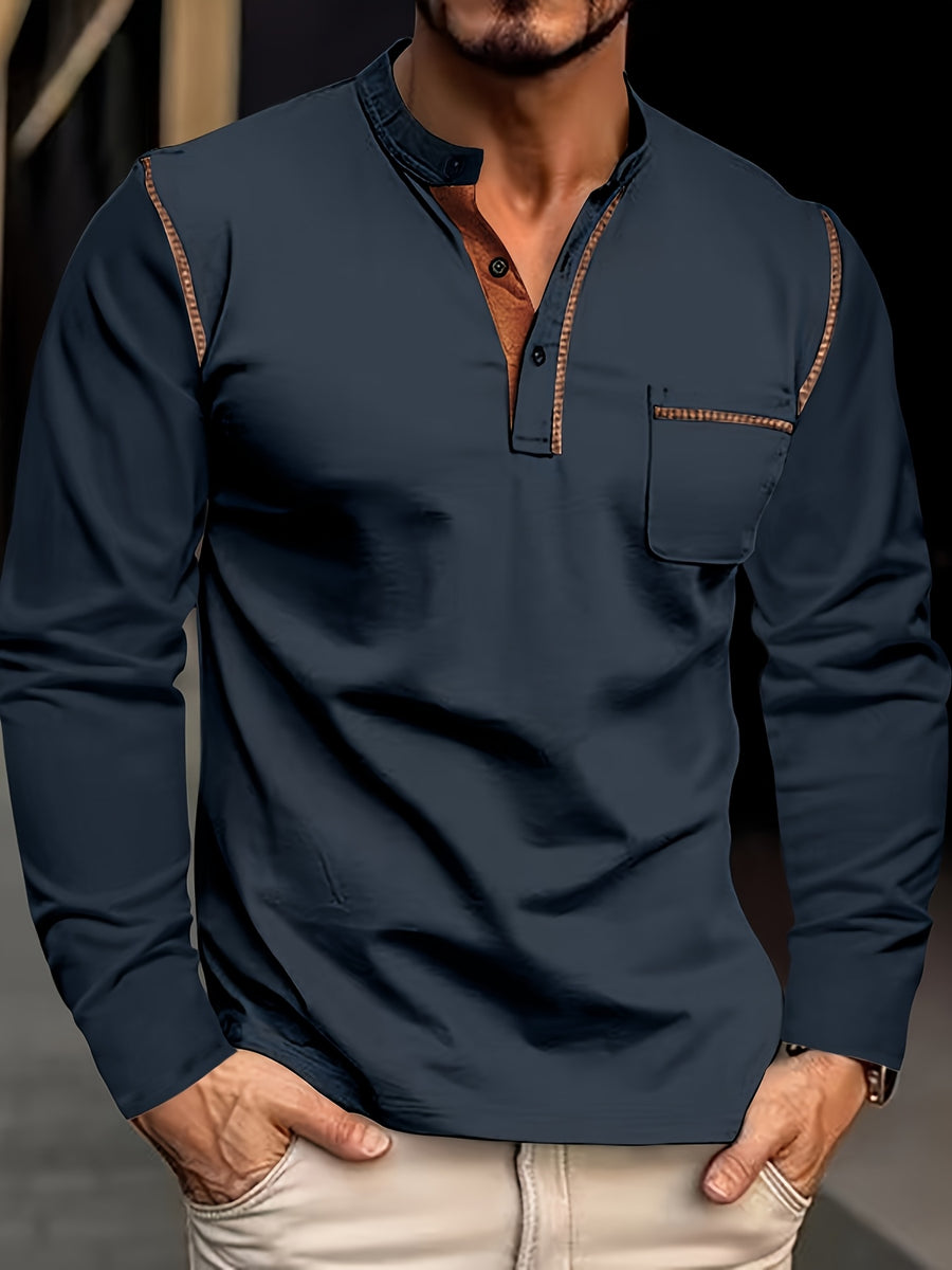 [JOSHIMAI OBM] 4pcs Men'S Long Sleeve Henley Shirts, Soft Comfortable Skin-Friendly Fabric, Lightweight Breathable Easy Care Stand Collar 3-Button Placket with Chest Pocket Detail, Solid Color Casual Top, Versatile for Office Commute - Navy blue + army green + white + burgundy