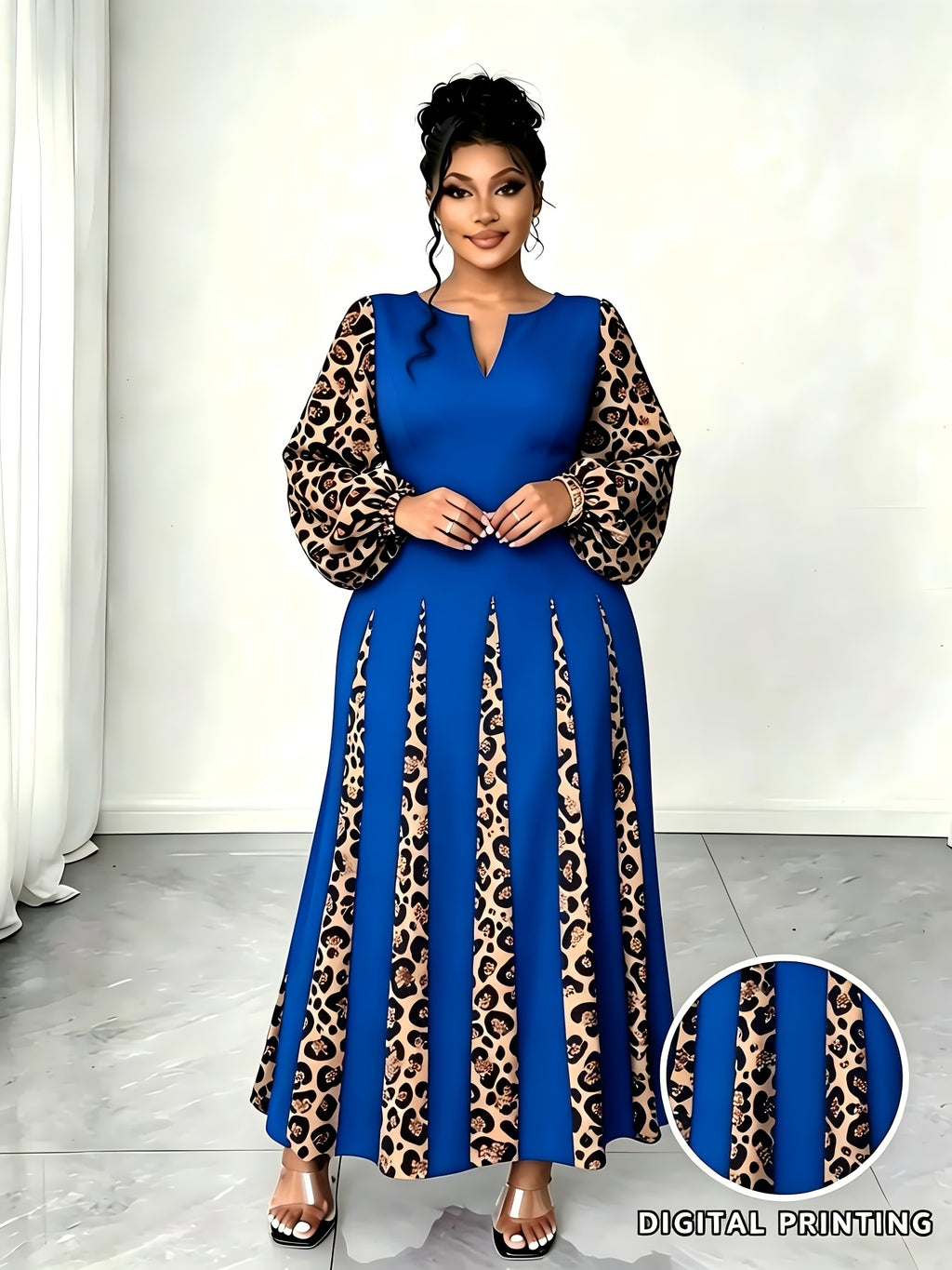 Plus Size Women'S Leopard Patchwork Long Dress, Long Puff Sleeve with Cutout V-Neck A-Line Maxi Skirt, Elegant Party Evening Gown - Blue