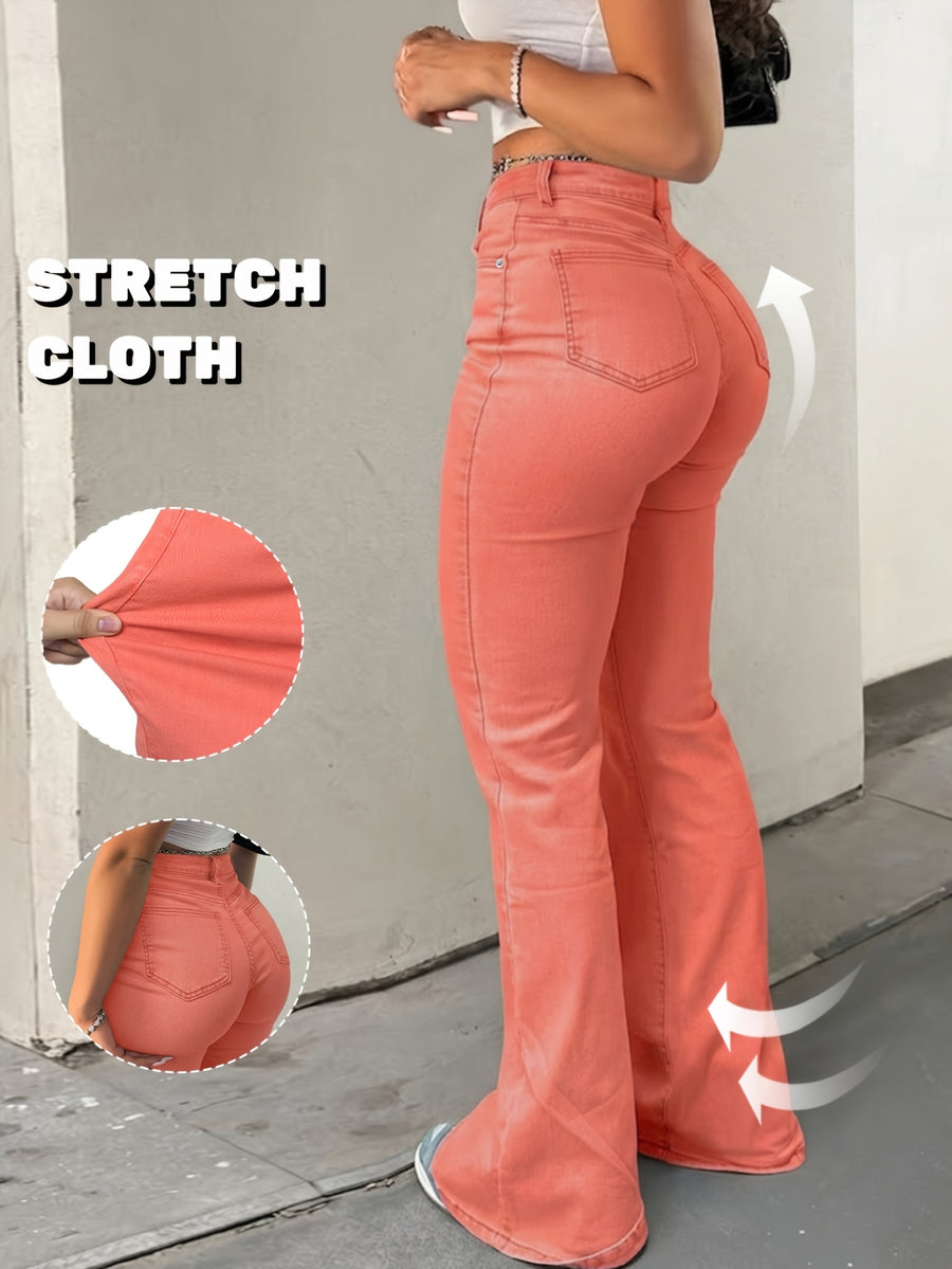 Women's Form-fitting, -lifting Flared Jeans a Must-have for a Trendy Look. Featuring a Solid-color Washed Denim Finish, These Versatile Full-length Jeans Are Perfect for Daily Wear, Casual Outings, or Commuting. - Orange Red