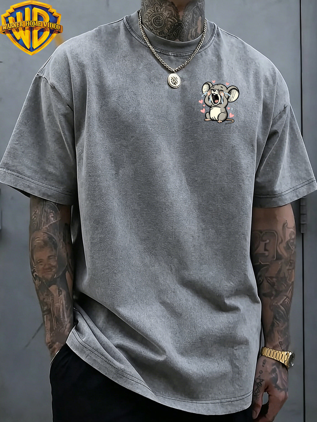Warner Bros. Officially Authorizes Crying on the Floor with Floating Love Print  Washed Outdated Short Sleeve T-shirt for Men and Women, Machine Washable Daily Commuter Outdoor Sports and Leisure Top - Grey