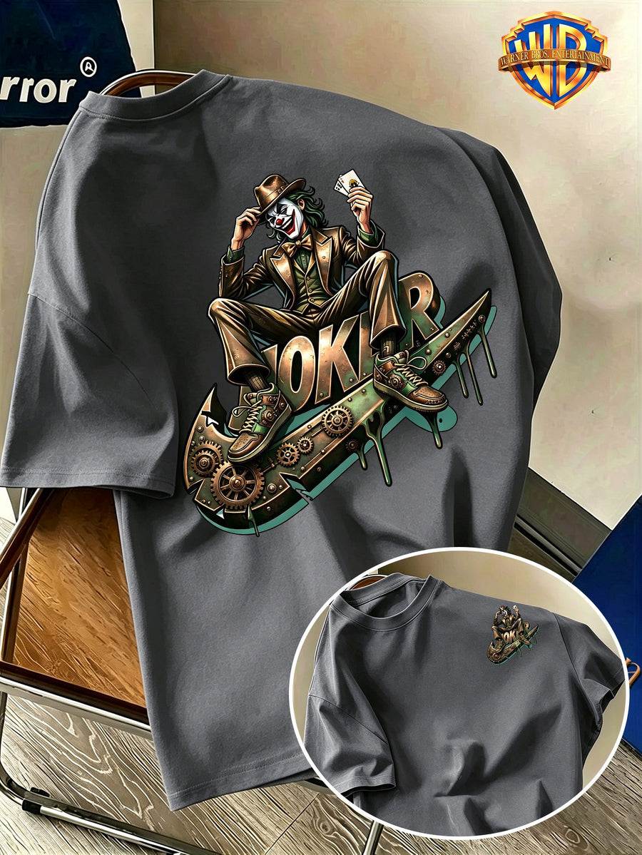Warner Bros. Official Licensed Men'S Short Sleeve T-Shirt, DC Genuine Mechanical Gear Joker JOKER Print Design, Double-Sided Retro Industrial Style Print, American Retro Streetwear Trendy Style, Spring/Summer Top, Regular Fit, Suitable for Outdoor - Dark Gray