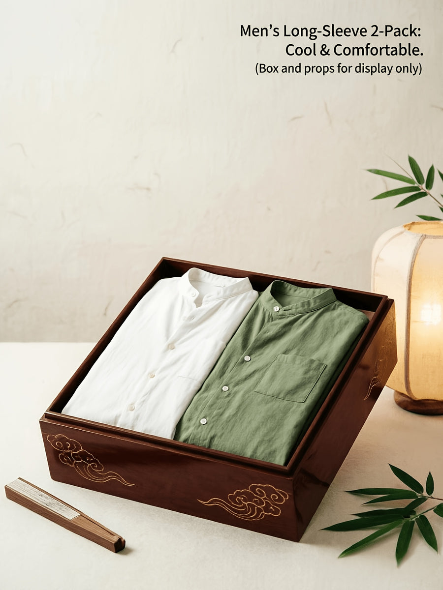 Men's Autumn Linen Long Sleeve Shirt 2pcs, Stand Collar Loose Fit, Breathable & Comfortable, Vintage Chinese Style for Daily Commute & Casual Wear, Gift Box Packaging for Gifting or Personal Use (Box and Props for Display Only) - Light White+Green