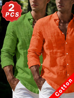 Men's 100% Pure Cotton Lapel Button-Up Long Sleeve Shirt, 2pcs Set. A Versatile Casual Top for Spring and Autumn, Suitable for Daily Wear. The Fabric Is Comfortable and Breathable, Making It Perfect for Beach Vacations and Everyday Outings - Green+Orange