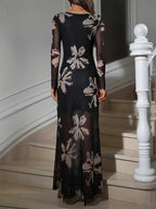 Ladies Elegant and Exquisite Digital Printed Gauze Round Neck Pullover Slim Long Black Dress - Black 2