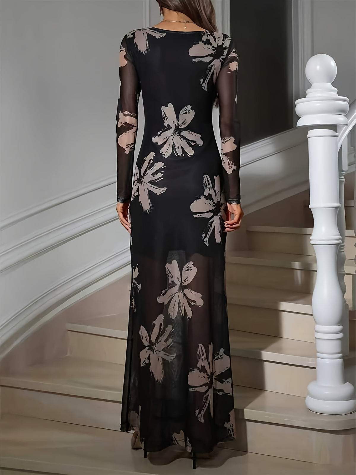 Ladies Elegant and Exquisite Digital Printed Gauze Round Neck Pullover Slim Long Black Dress - Black 2
