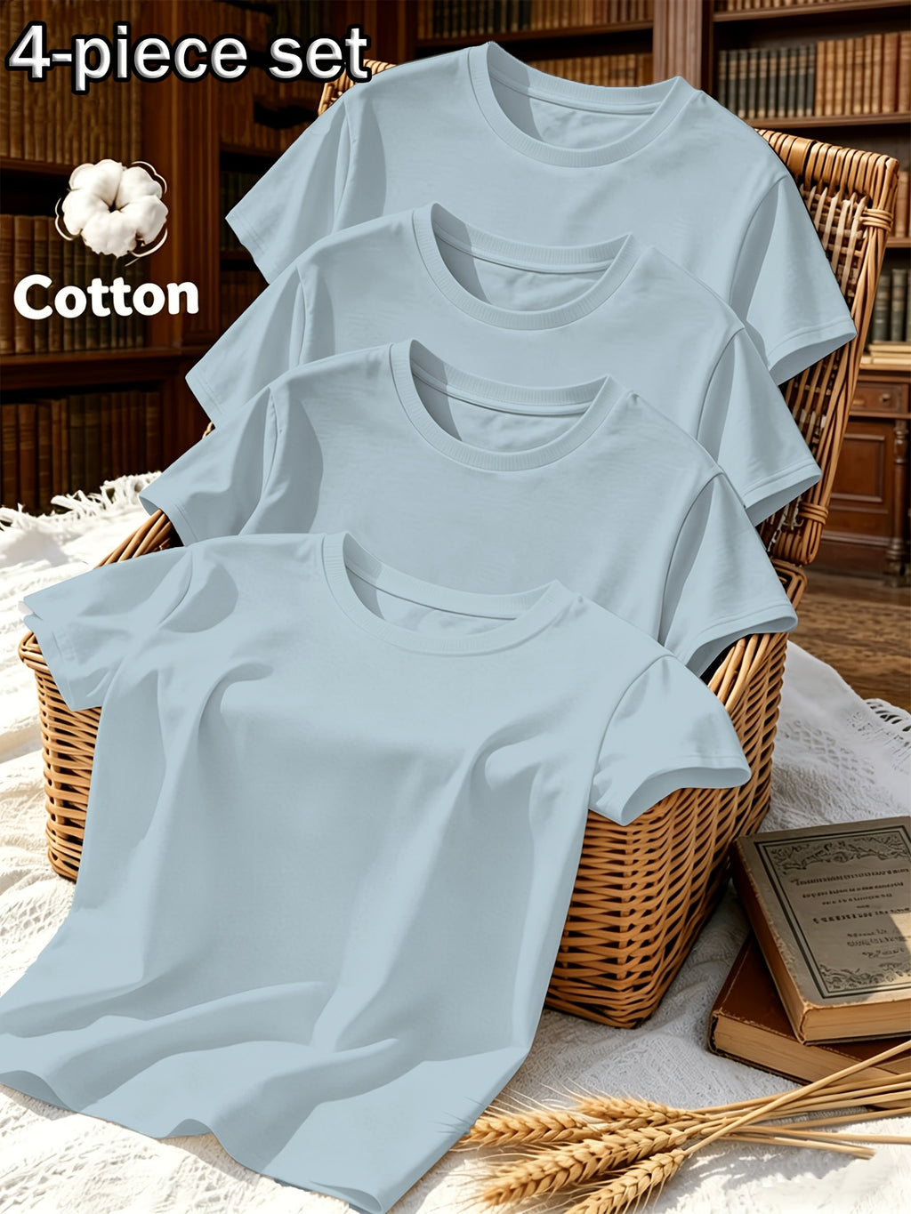 4pcs Set, Spring/Summer 4pcs Set, Solid Color Crew Neck Fashionable Simple Sweet Loose Short Sleeve T-Shirt, Summer/Spring Women's 4pcs Top Set - Light Blue*4