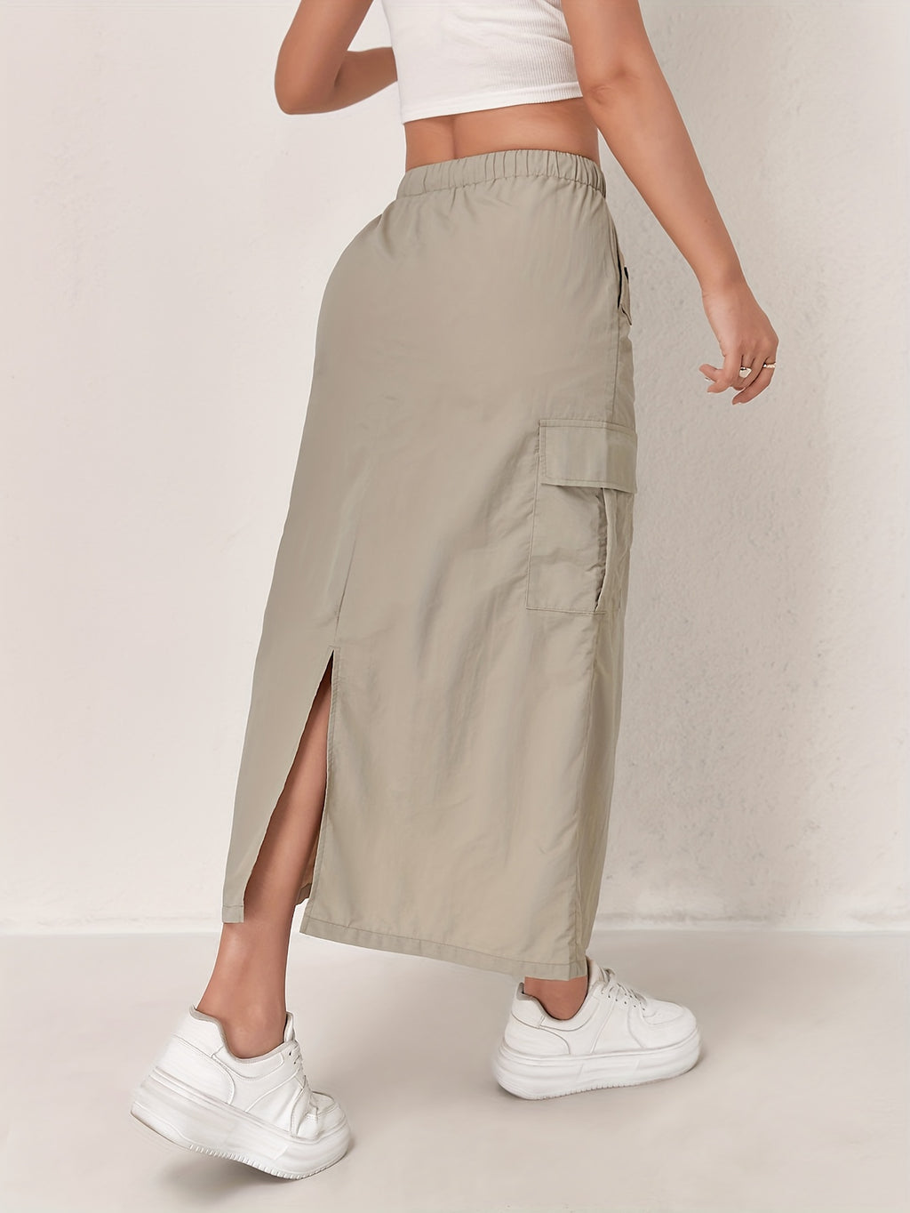 Outdoor Quick-Dry Cargo Skirt Button Design High-Waist Casual Women'S Half Skirt Multi-Pocket Machine Washable Mid-Length Dress - Khaki
