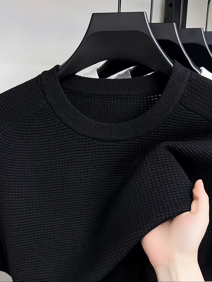 Striped Round Neck Short Sleeve Sweater T-Shirt - Loose Fit Breathable Knit Top, Suitable for All-Season Layering, Casual Blouse for Innerwear or Outerwear, Hand Washable Minimalist Wardrobe Essential - Black