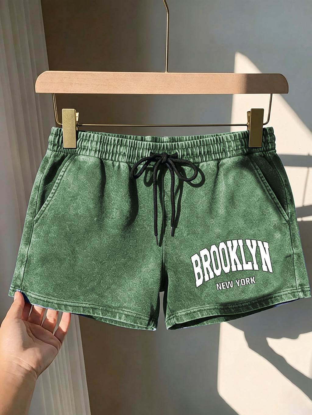 Summer Trendy Fashion Women'S Distressed Washed Shorts "BROOKLYN NEW YORK" Printed American Retro Preppy Style Comfortable for Hot Weather, with Adjustable Drawstring Waist And Pockets, Classic Silhouette, Comfortable Fit, Machine Washable Shorts - Green