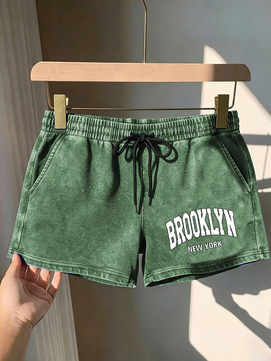Summer Trendy Fashion Women'S Distressed Washed Shorts "BROOKLYN NEW YORK" Printed American Retro Preppy Style Comfortable for Hot Weather, with Adjustable Drawstring Waist And Pockets, Classic Silhouette, Comfortable Fit, Machine Washable Shorts - Green