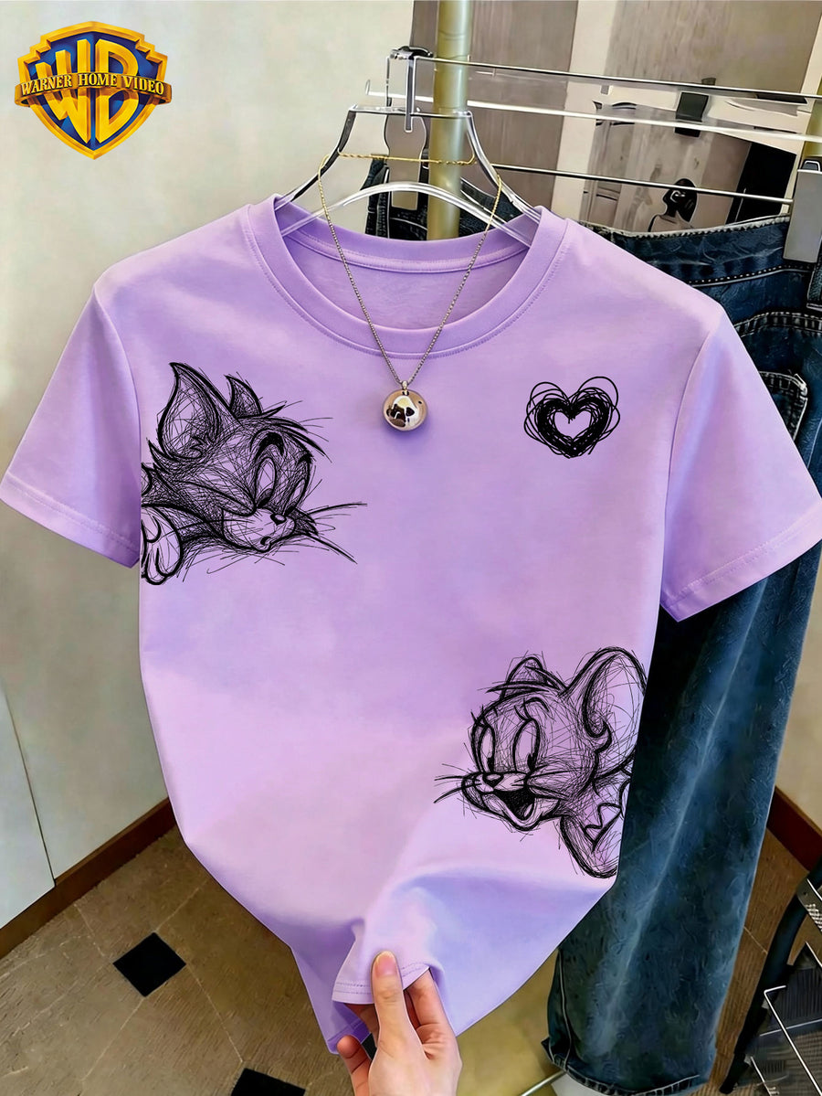 WB Women's Warner Officially Licensed T-Shirt - WB & Heart Print Crew Neck Short Sleeve Top, Casual Summer Shirt Suitable for Daily Commute, Home Wear, Machine Washable Non- Wardrobe Essential - Violet