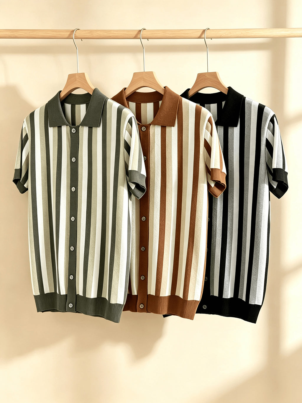 Men's 3pcs (3pcs) Knit Short Sleeve Shirts - Vertical Striped Button- Lapel Collar -Neck Button-Front Suitable for Casual Office Wear, Machine Washable Retro Button- Shirts for Year-Round Layering & Wardrobe - Black+green+orange