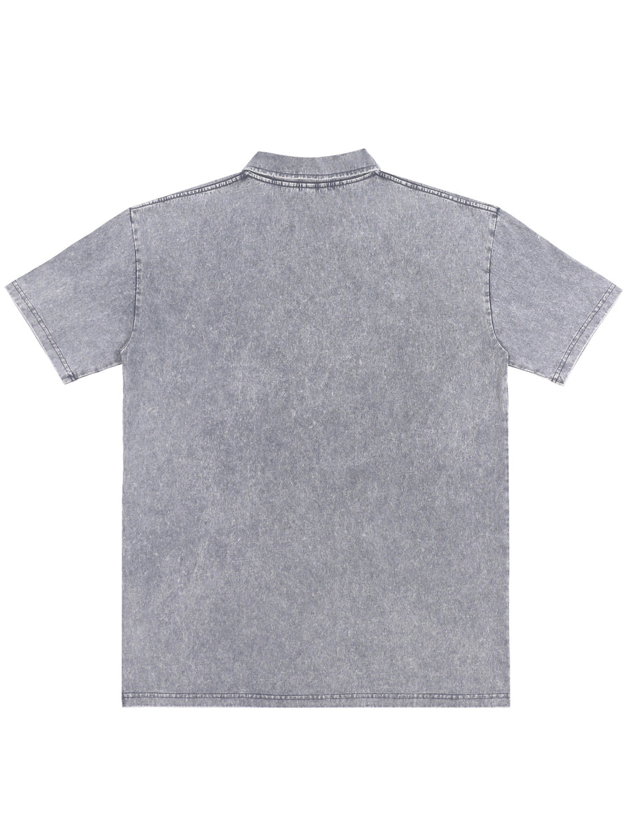 New American Hip-Hop Punk Style Washed Black Short Sleeve Lapel Loose Polo T-Shirt for Men And Women - Retro Distressed Design, Lightweight And Breathable Fabric, Streetwear Trendy Loose Polo Top, Suitable for Casual Wear And Outdoor Activities - Grey