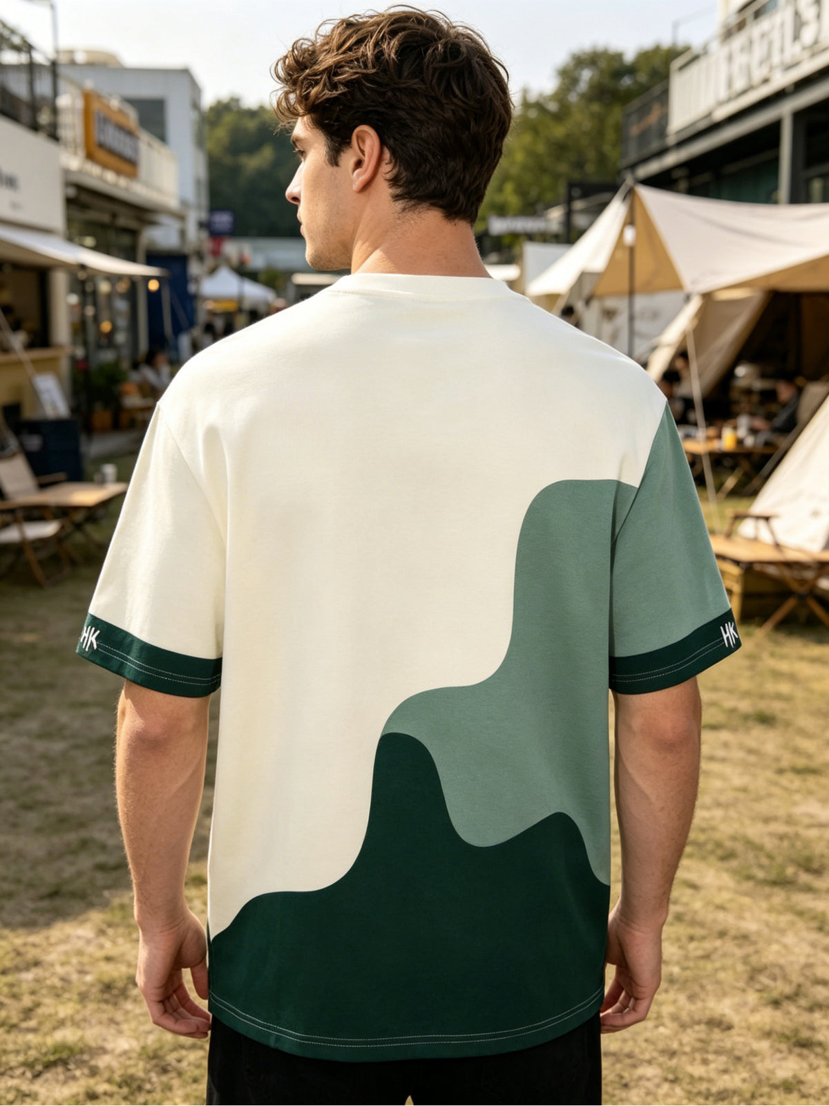 Men'S T-Shirt, Round Neck Short Sleeve, Gradient Green Wavy Color-Block Letter Print Top, Comfortable And Breathable, Trendy Casual Versatile Men'S Clothing - Mixed colors