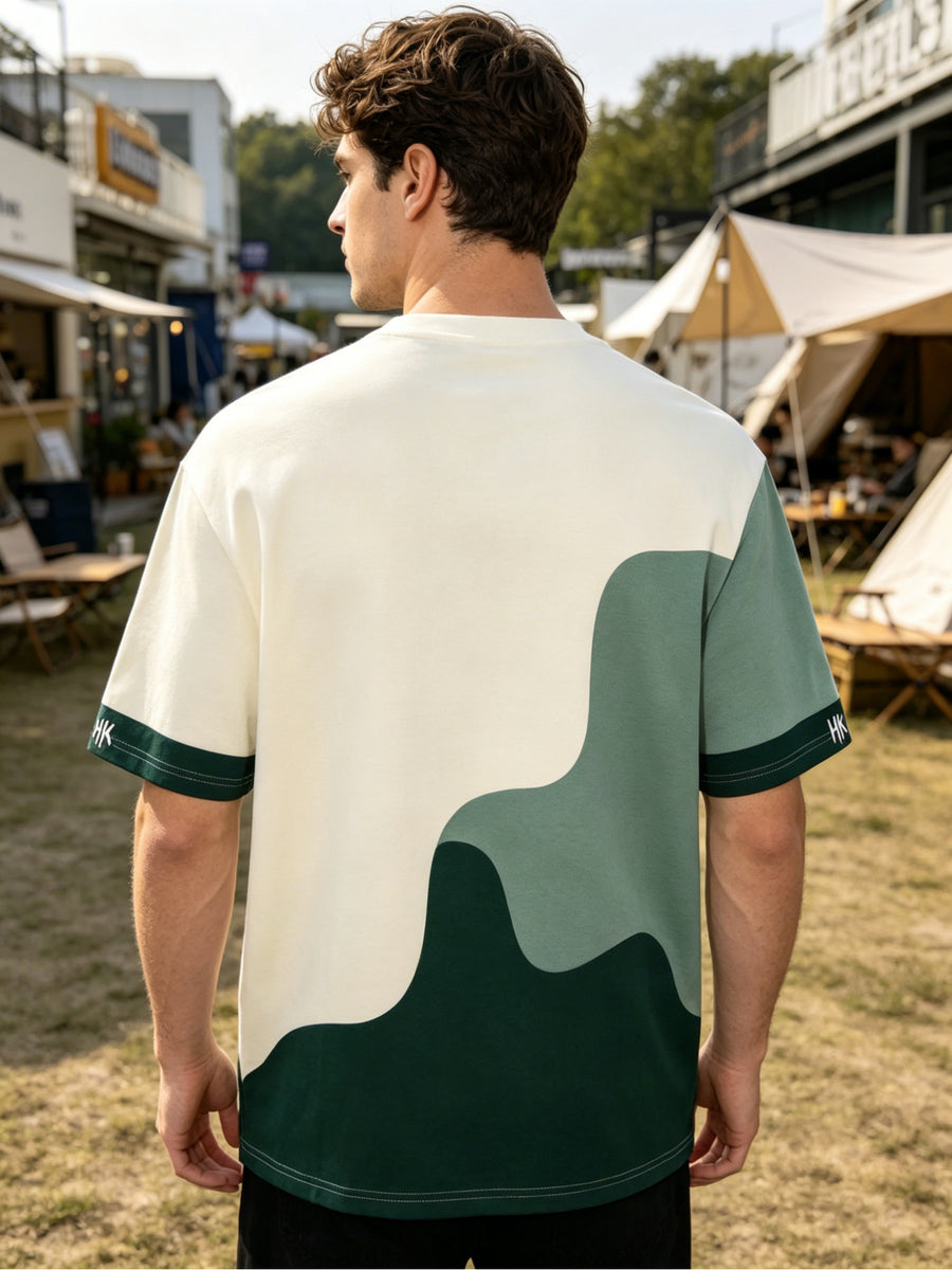 Men'S T-Shirt, Round Neck Short Sleeve, Gradient Green Wavy Color-Block Letter Print Top, Comfortable And Breathable, Trendy Casual Versatile Men'S Clothing - Mixed colors