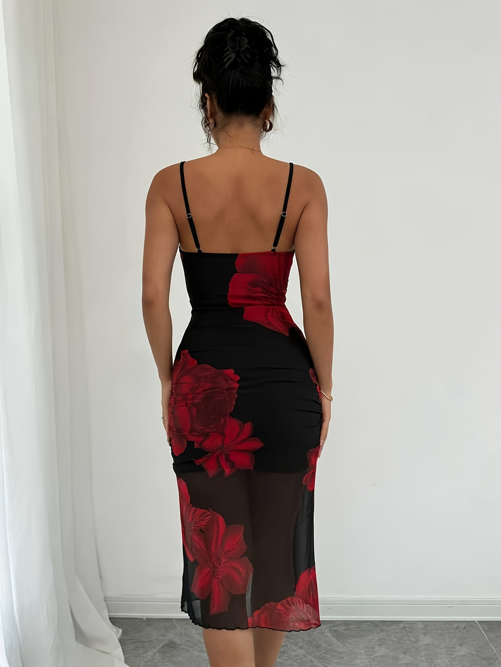 Chic Black See-Through Mesh Midi Dress Featuring a Red Rose Floral Design, Body-Hugging Fit, And Sleeveless Cami Style, Perfect for Evening Events - Black