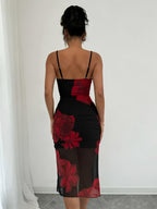 Chic Black See-Through Mesh Midi Dress Featuring a Red Rose Floral Design, Body-Hugging Fit, And Sleeveless Cami Style, Perfect for Evening Events - Black