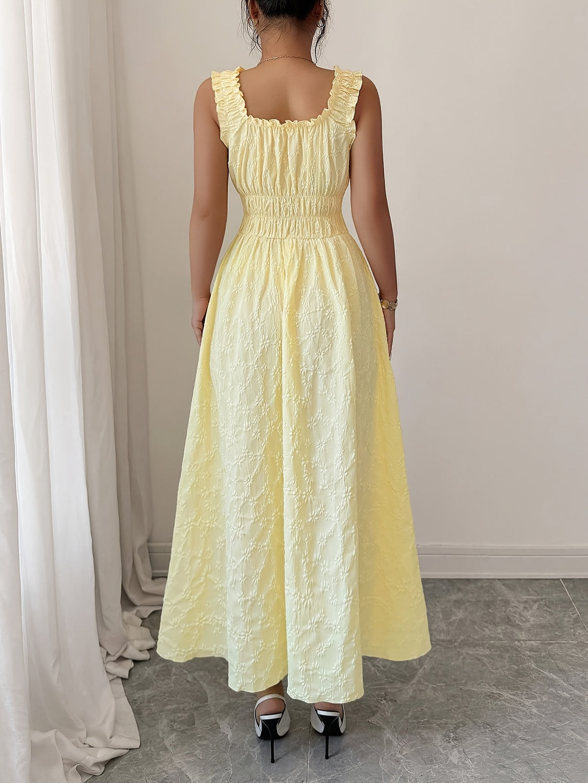 New Women's Textured Floral Fabric, Spaghetti Strap with Bow Waist Design - Elegant and Versatile Women's Dress - Elegant Party Wear, Date Night, 1pc, Buen Fin Shopping Festival, New Year's Daily Wear, Parties, Wedding Night, Stylish and Versatile - Yellow