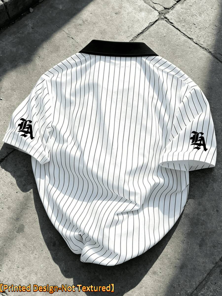 Men'S Polo Shirt, Vertical Stripe Letter Print Contrast Collar Short Sleeve, Men'S Street Casual Wear, American Baseball Style Top, Trendy Casual Men'S Clothing - Mixed colors