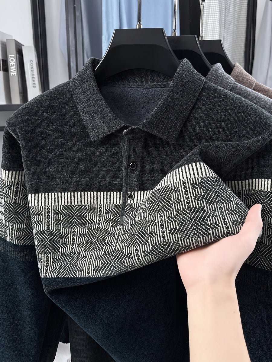 Men's Color-Block Knit Pullover, Casual Warm Autumn/Winter POLO Sweater - Black Gray
