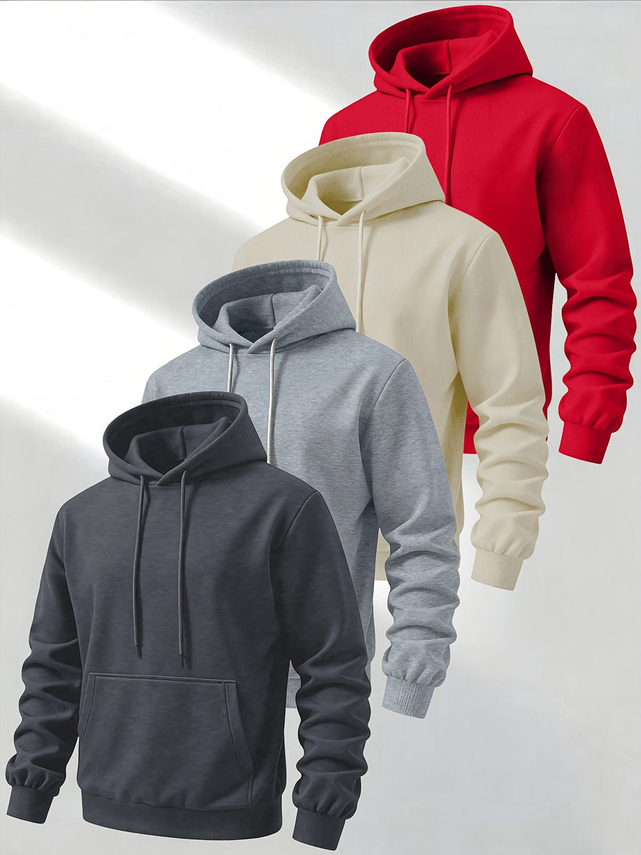 4-Pc Men'S Solid Color Casual Hooded Sweatshirt, Drawstring Hoodie, Spring/Autumn Fashion Sporty Long Sleeve Pullover, Outdoor Activities And Daily Casual Wear - 4pcs-Dark Gray+Light Gray+Khaki+Red
