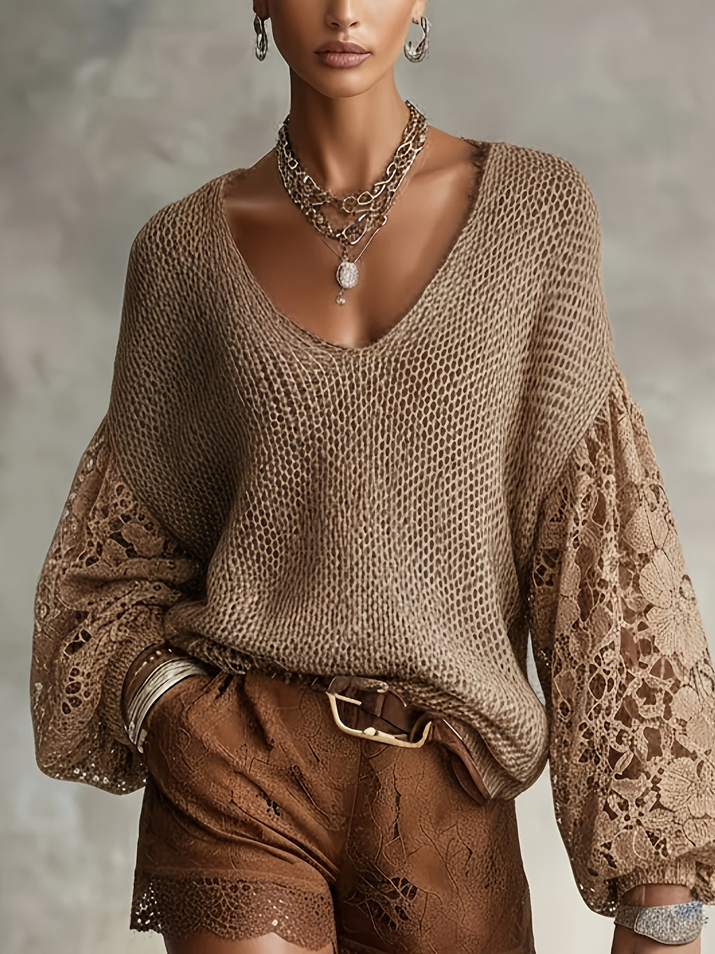 Women's V-Neck Lace Sleeve Sweater, Soft Fabric, Versatile Pullover for Daily Commuting - Dark Brown
