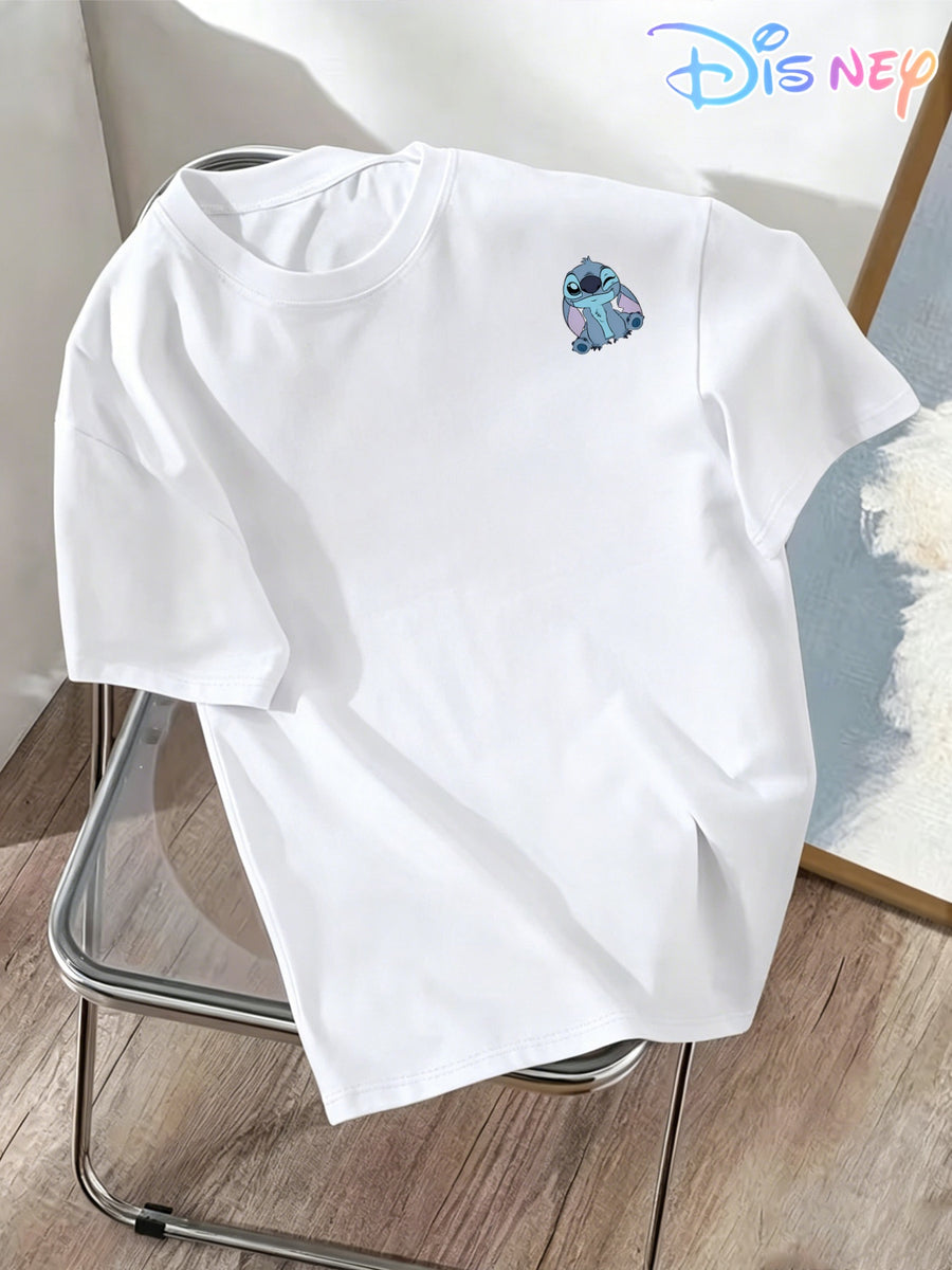 100% Spring/Summer Women's Pure Fashion T-Shirt, Pure Short-Sleeve Top with Disney IP Print "Disney" Stitch Winking, Smiling, Sitting with One Hand on Chin, Cute Print Pure T-Shirt, Crew Neck, Casual, Comfortable, Stylish, and Versatile - White