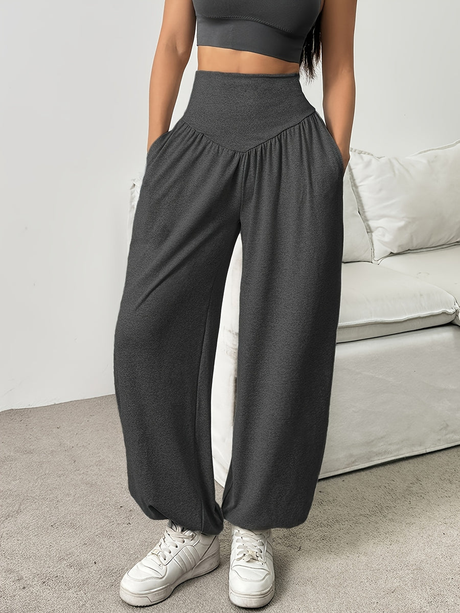 1pc Women'S High-Waist Comfortable Running Pants - Stretchy Soft Wide-Leg Casual Trousers, Suitable for Running And Fitness, Solid Color, All-Season - Dark Gray