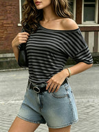 Women'S Fashion Off-Shoulder Striped Short Sleeve T-Shirt, Casual Drop Shoulder Regular Fit Top, Summer Trendy Street Style Versatile Base Layer, Machine Washable - Black And Gray Stripes