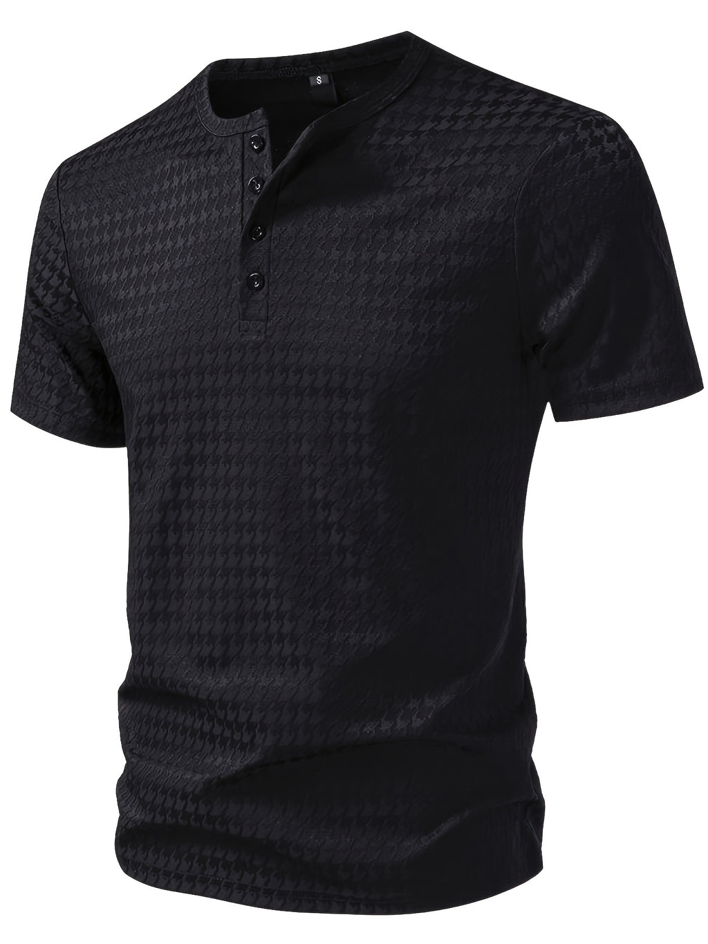 Men'S Waffle Grid Henley Short Sleeve T-Shirt, Houndstooth Jacquard American Vintage Summer Casual Loose Henley Collar All-Match Commute Short Sleeve Top - Black