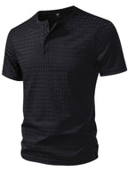 Men'S Waffle Grid Henley Short Sleeve T-Shirt, Houndstooth Jacquard American Vintage Summer Casual Loose Henley Collar All-Match Commute Short Sleeve Top - Black