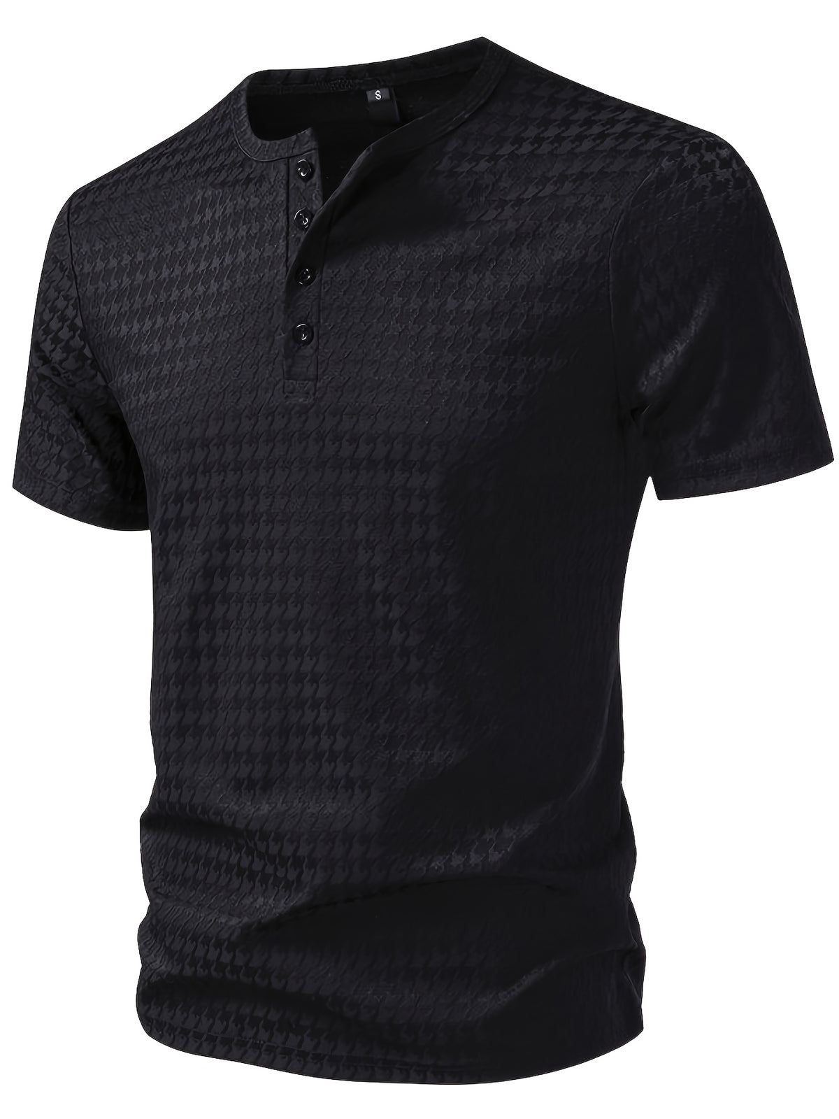 Men'S Waffle Grid Henley Short Sleeve T-Shirt, Houndstooth Jacquard American Vintage Summer Casual Loose Henley Collar All-Match Commute Short Sleeve Top - Black