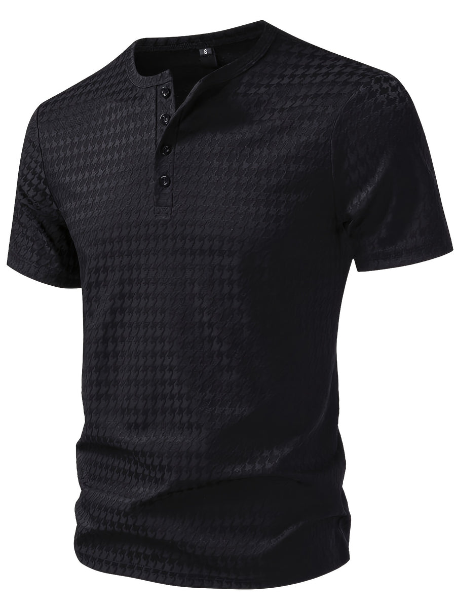 Men'S Waffle Grid Henley Short Sleeve T-Shirt, Houndstooth Jacquard American Vintage Summer Casual Loose Henley Collar All-Match Commute Short Sleeve Top - Black