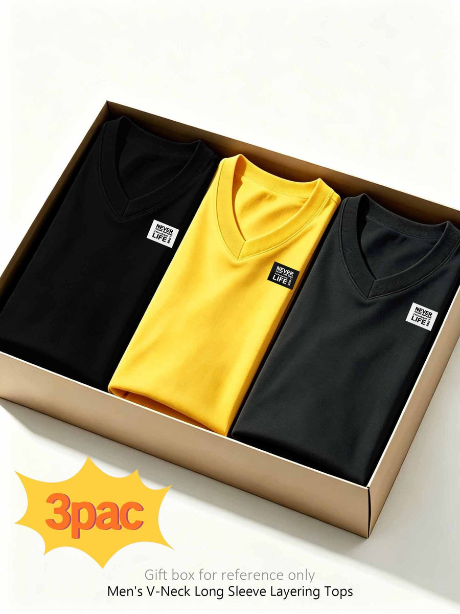 100%, 3pcs Men'S V-Neck Long Sleeve Chokers T-Shirts, Men'S Knit Sweatshirt, New Casual Athletic Ribbed Collar Top - Black+yellow+dark Gray
