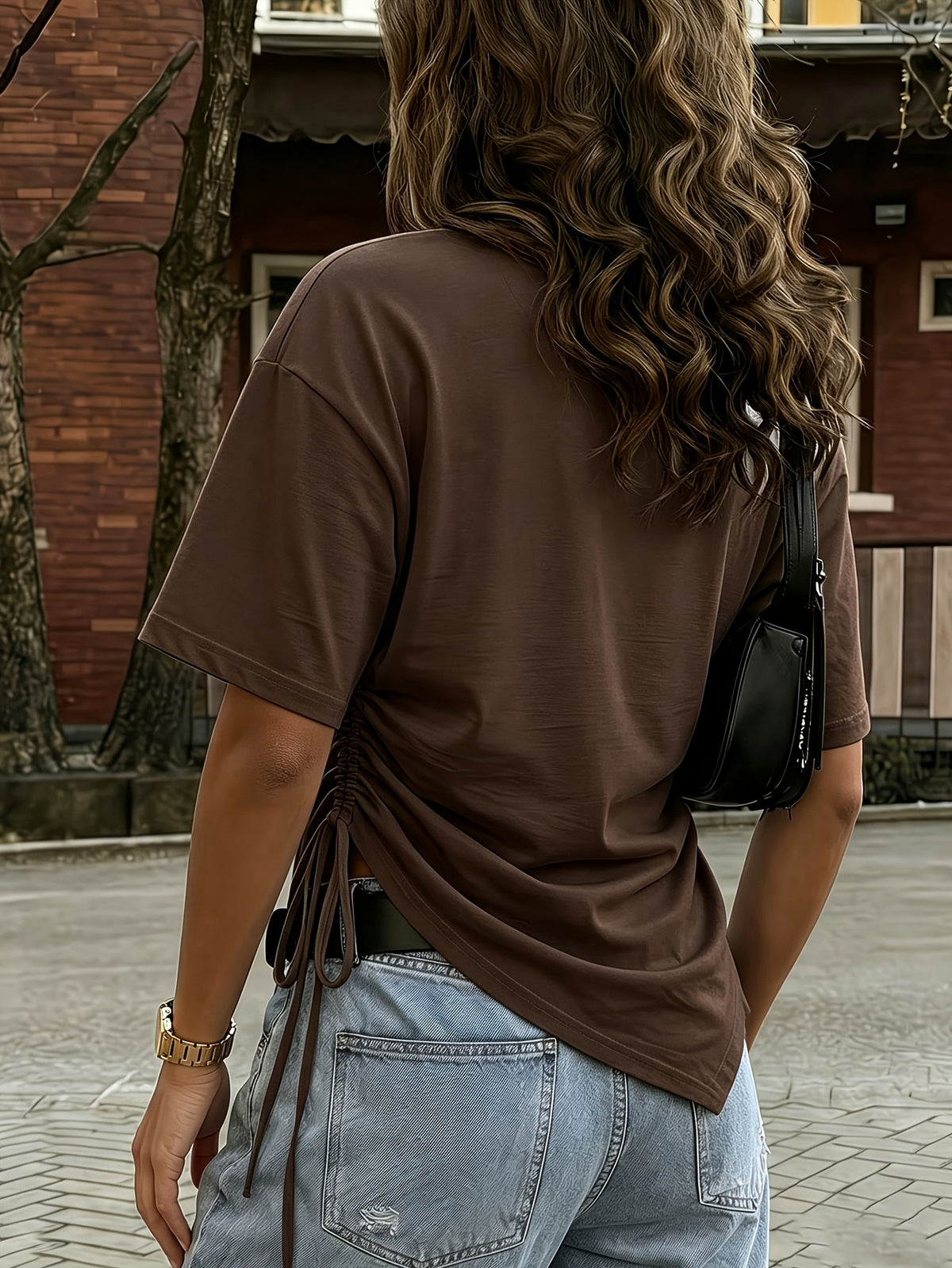 This Women's T-shirt Features a Loose Asymmetrical Design with Rope-style Embellishments, Making It Perfect for Daily Work or Date Wear. It's a Versatile Choice for Spring and Summer Seasons - Coffee Color