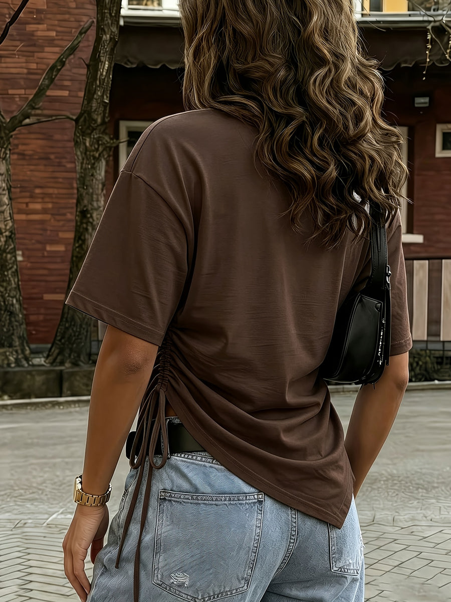 This Women's T-shirt Features a Loose Asymmetrical Design with Rope-style Embellishments, Making It Perfect for Daily Work or Date Wear. It's a Versatile Choice for Spring and Summer Seasons - Coffee Color
